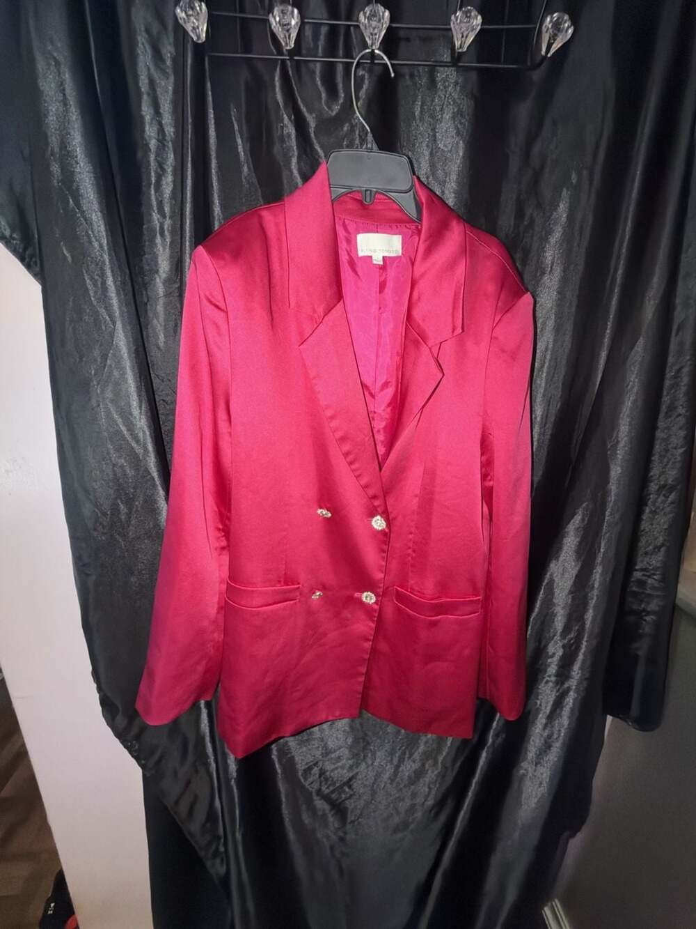 Flying Tomato Blazer Size L Fuchsia Satin Double Breasted Rhinestone